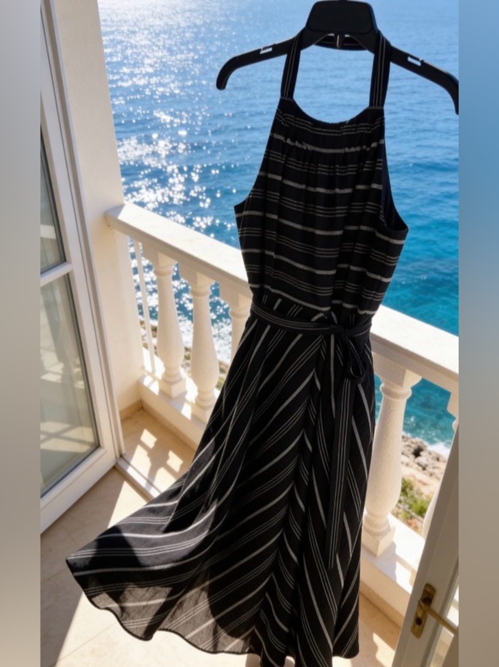 Tommy Hilfiger Black and White Striped Halter Midi Dress
